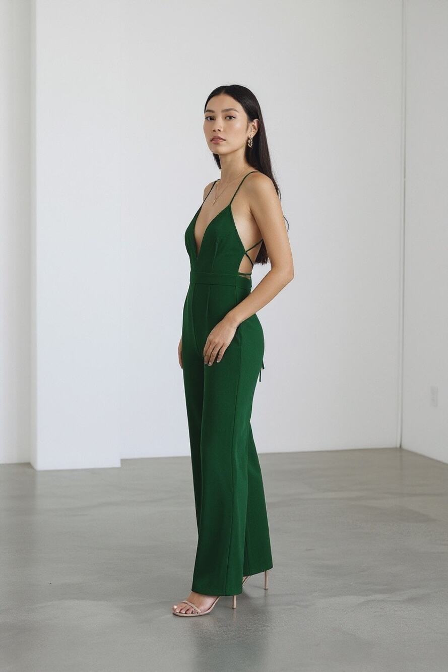 Showpo Women's Emerald Green V-neck Lace Up Back Dream of Jumpsuit Size 6